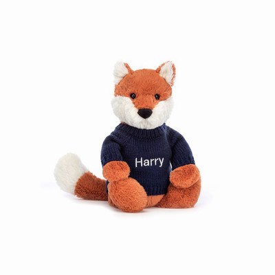 Jellycat Bashful Fox Cub with Navy Jumper USA | 08496DJHX